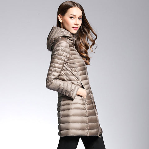 Woman Spring Padded Hooded Long Jacket White Duck Down Female Overcoat Ultra Light Slim Solid Jackets Coat Portable Parkas