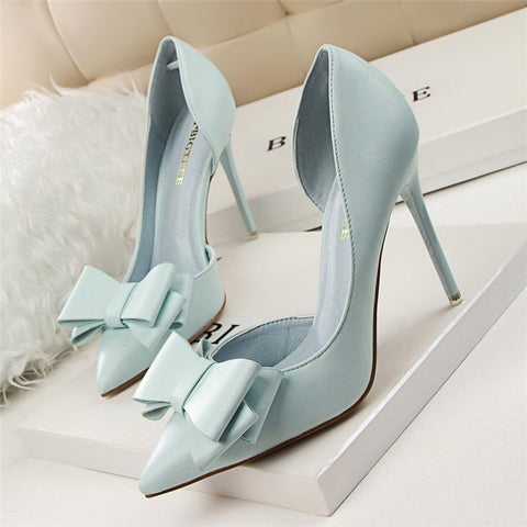2016 Fashion Delicate Sweet Bowknot High Heel Shoes Side Hollow Pointed Women Pumps Pointed Toe 10.5CM thin Dress Shoes