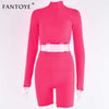 Fantoye Two Piece Set Fluorescent Green Top Shorts Suit Sexy Turtleneck Long Sleeve Bodycon Sport Suit Casual Femme Tracksuit