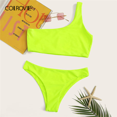 COLROVIE Neon Yellow One Shoulder Top With Panty Bikini Set Women Swimwear 2019 Summer Wireless Beachwear Sexy Bathing Suit
