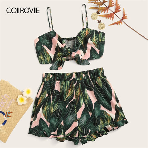 COLROVIE Jungle Knotted Shirred Cami And Flounce Hem Shorts Boho 2 Piece Outfits For Women 2019 Summer Beach Sexy Two Piece Set