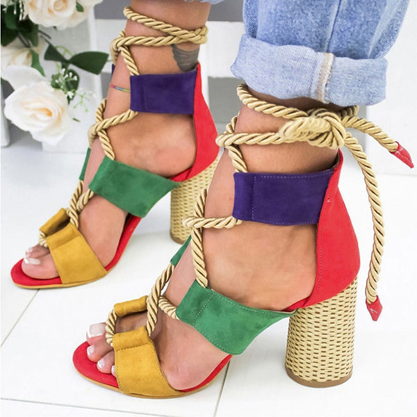 Women Pumps Fashion Women Heels Lace Up High Heels Sandals For Summer Shoes Women Gladiator Sandals Thick Heels Chaussures Femme